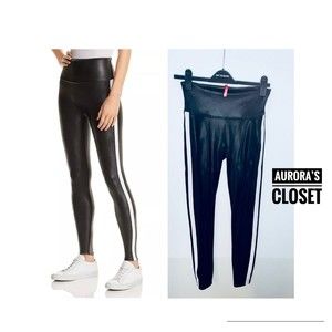 Spanx M Black Faux Leather Pants Tuxedo Stripe $110